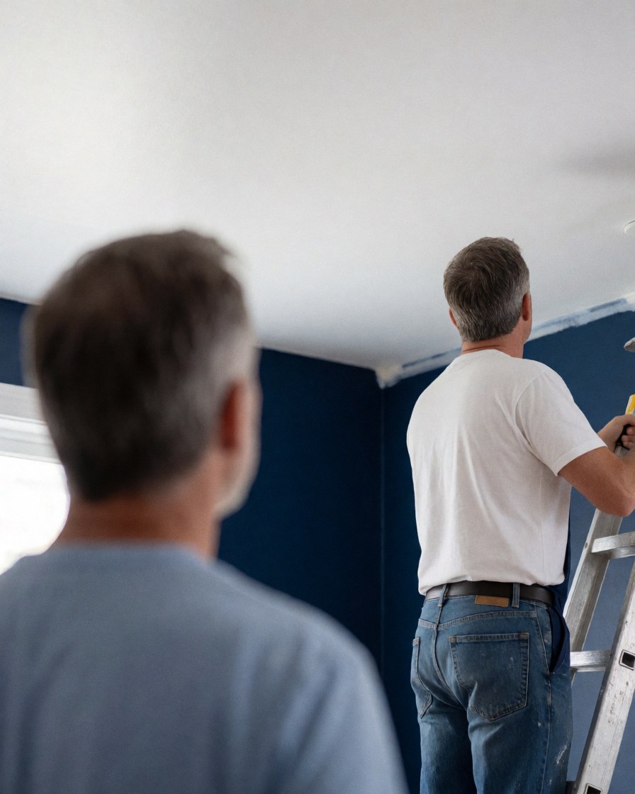 Peintre professionnel utilisant un rouleau pour peindre un plafond blanc, client observant, murs bleu foncé, scène réaliste et sécurisée.
