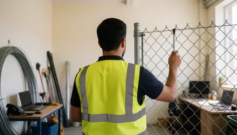 Un ouvrier en gilet de sécurité installe une clôture métallique dans un atelier aux murs clairs, avec des outils visibles.