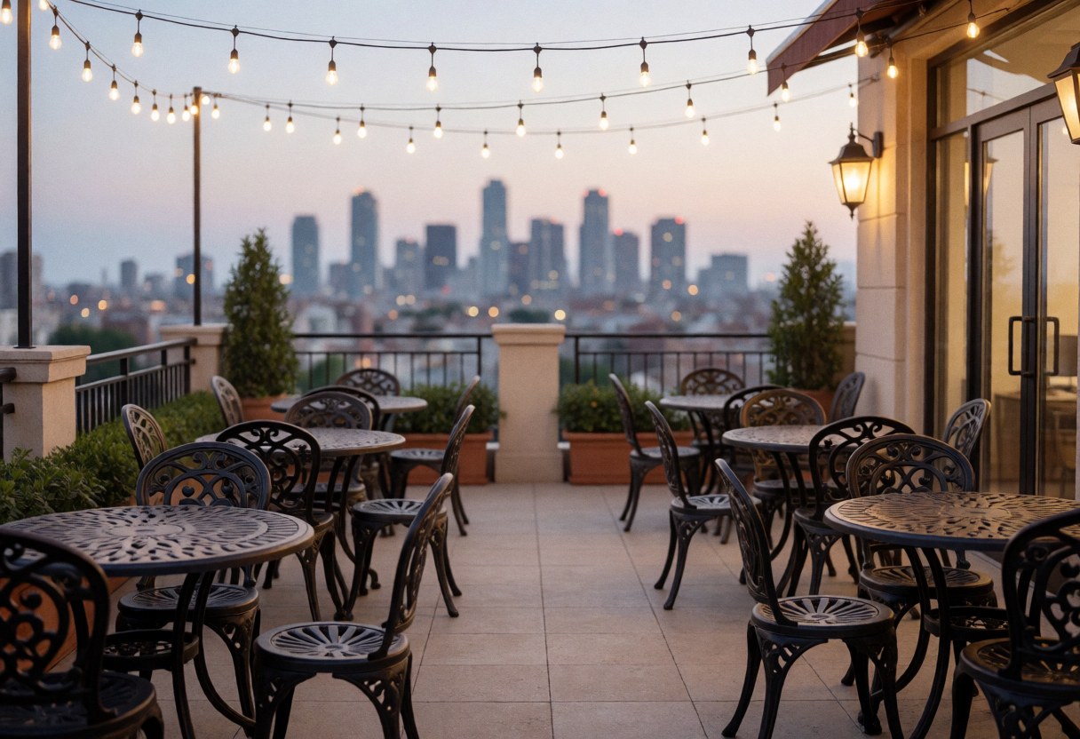 Terrasse de tango avec tables et chaises en fer forgé, éclairage chaleureux et vue panoramique sur la ville au coucher du soleil, idéale pour des événements sociaux.