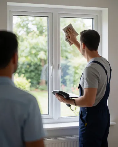 Un technicien en tablier nettoie une nouvelle fenêtre double vitrage tandis qu'un client observe depuis l'intérieur avec un jardin vert visible à l'extérieur.