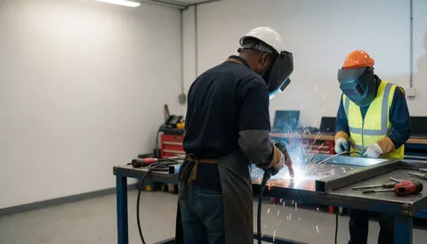 Soudeur industriel portant un casque et un masque, travaillant dans un atelier sur une structure métallique avec des étincelles de soudure.