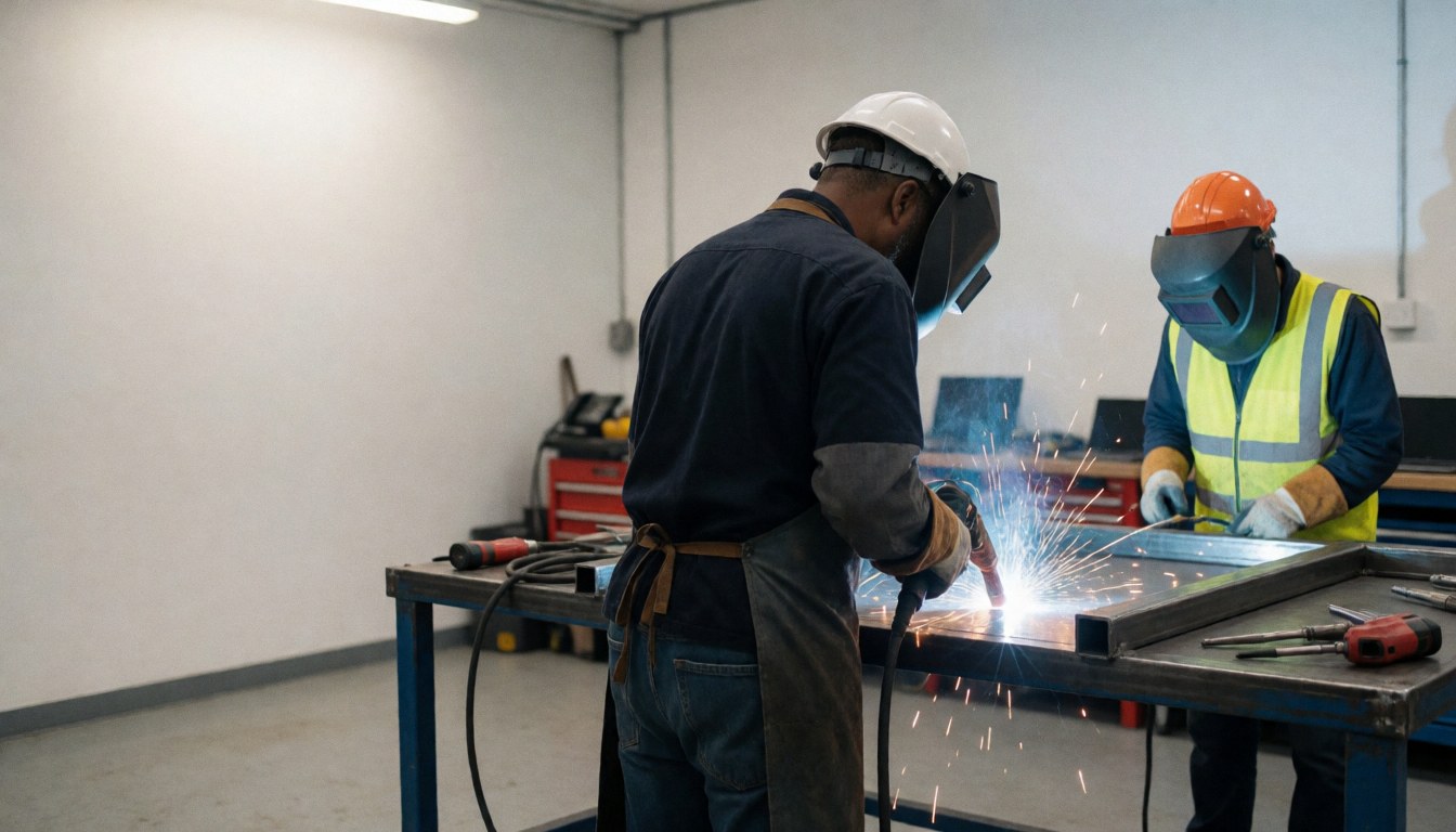Soudeur industriel portant un casque et un masque, travaillant dans un atelier sur une structure métallique avec des étincelles de soudure.