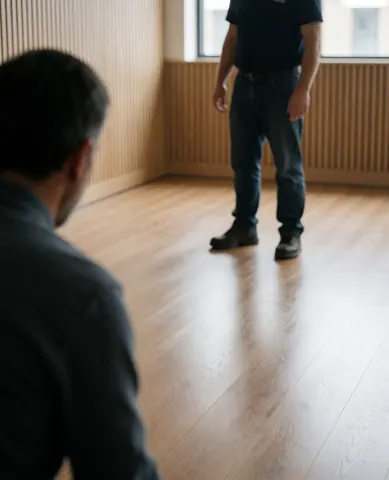 Une cliente examine un sol stratifié fraîchement installé dans une pièce aux murs en bois, avec l'installateur visible en arrière-plan.