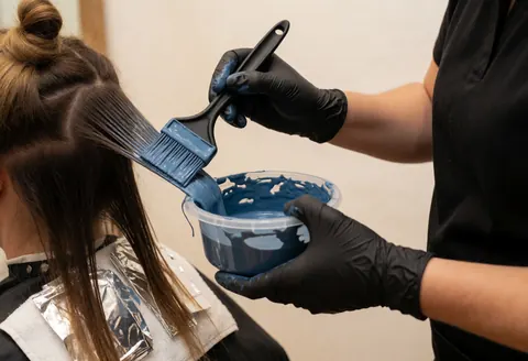Manucuriste portant des gants en nitrile applique une teinture bleue sur une mèche de cheveux séparée avec une feuille d'aluminium dans un salon de beauté.