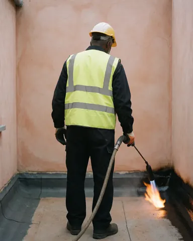 Un travailleur en gilet réfléchissant et casque applique du bitume au chalumeau sur un toit en enduit terracotta, scène d'étanchéification.