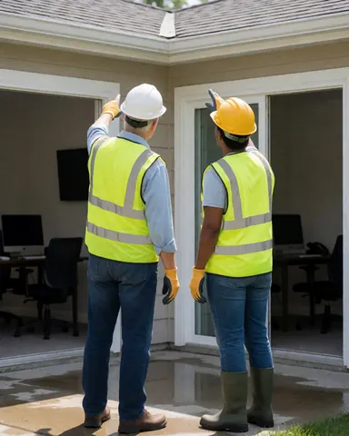 Deux techniciens portant des casques et des gilets de sécurité examinent un toit endommagé depuis un patio au sol mouillé lors d'une intervention de réparation.