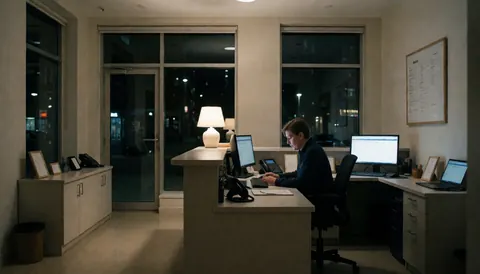 Un employé d'un apart-hotel utilise un ordinateur à la réception éclairée par une lampe, avec de grandes fenêtres offrant une vue sur la ville la nuit.