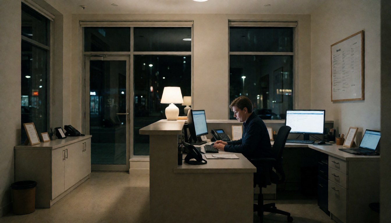 Un employé d'un apart-hotel utilise un ordinateur à la réception éclairée par une lampe, avec de grandes fenêtres offrant une vue sur la ville la nuit.