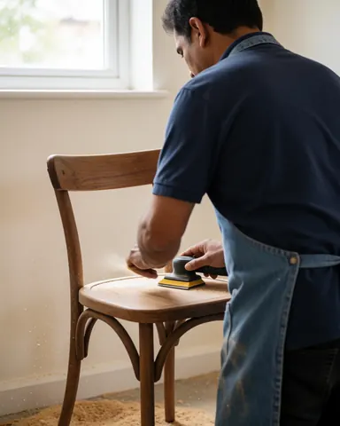 Un homme utilise du papier de verre pour poncer une chaise en bois dans un espace lumineux aux murs clairs, illustrant un service de réparation de meubles en action.