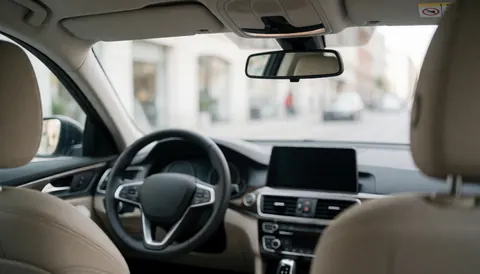 Vue intérieure depuis le siège arrière d'une voiture avec volant, rétroviseur et sièges beiges, servant de fond pour du texte sur la technologie ou la sécurité.