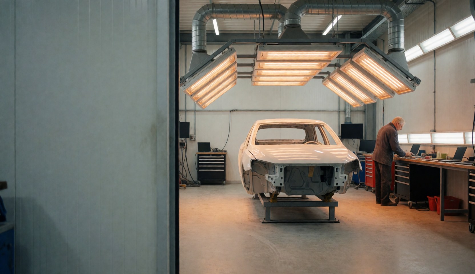 Voiture en cours de peinture dans un atelier industriel avec des lumières de séchage et un homme travaillant à une table d'outils.