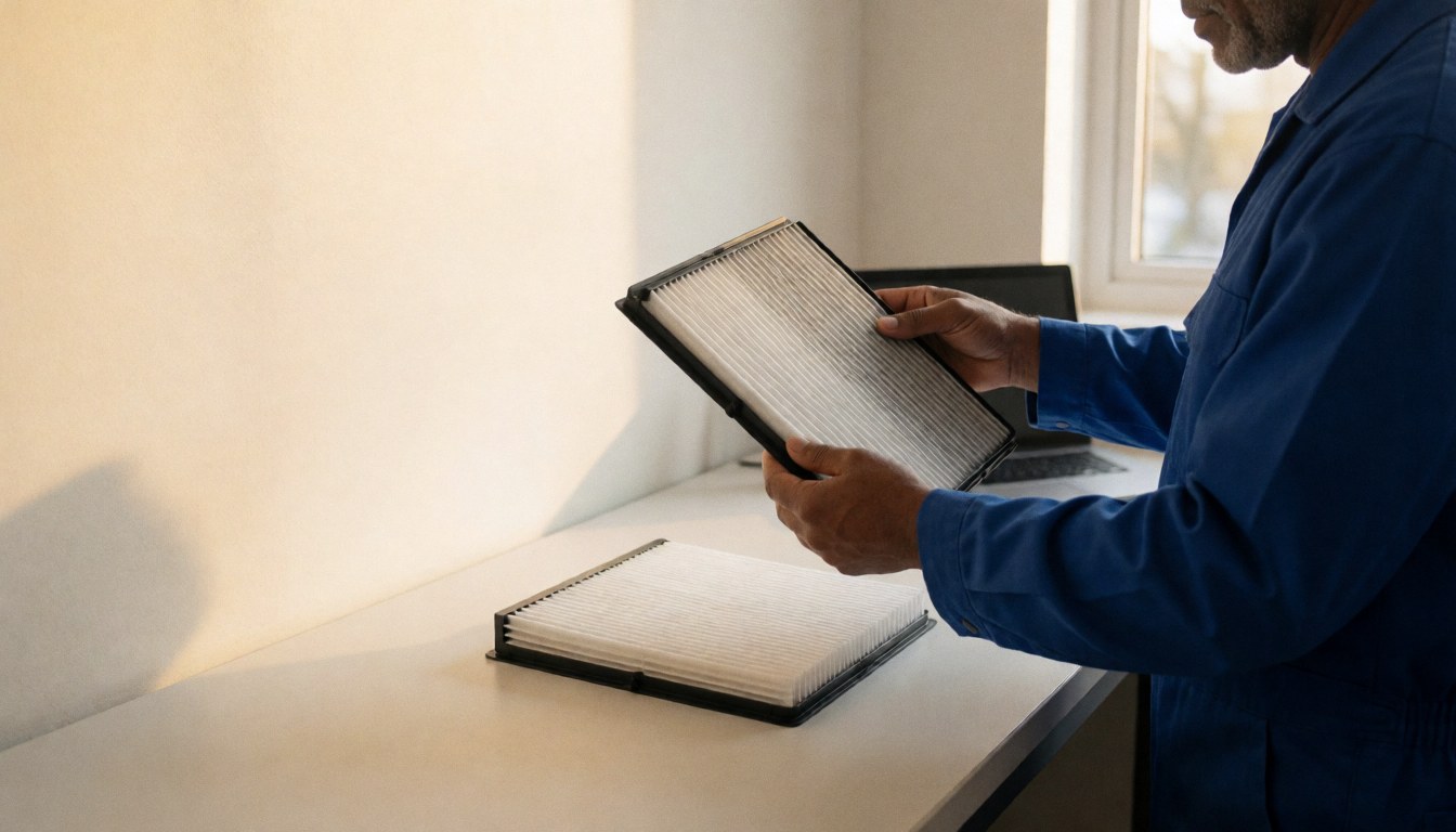 Technicien en réparation d'appareils compare un filtre à air encrassé avec un nouveau sur une table de travail dans un atelier.