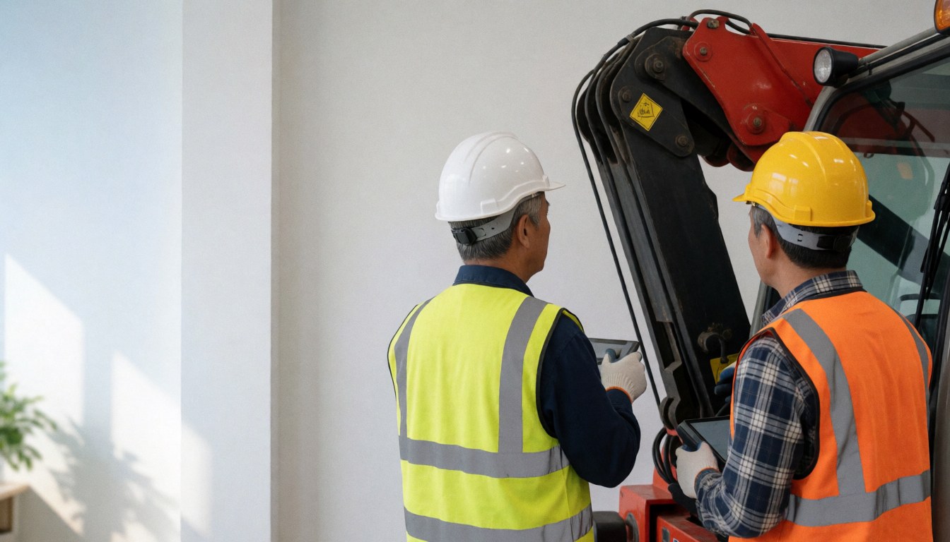 Deux opérateurs en équipements de sécurité vérifient une grue articulée à l'aide de tablettes dans un espace intérieur bien éclairé.