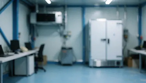 Arrière-plan industriel propre avec réfrigérateur, structures métalliques bleues et tables de travail, idéal pour les services d'hygiène industrielle.