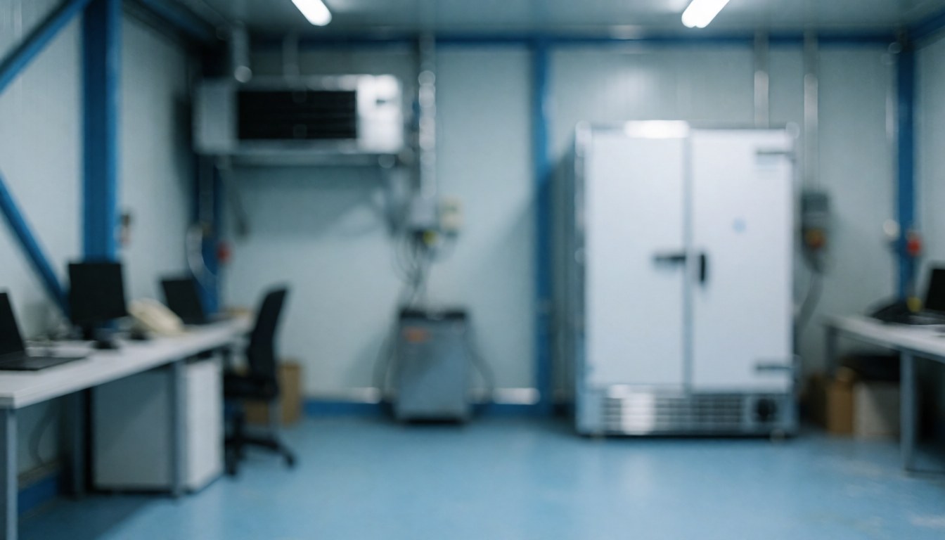 Arrière-plan industriel propre avec réfrigérateur, structures métalliques bleues et tables de travail, idéal pour les services d'hygiène industrielle.