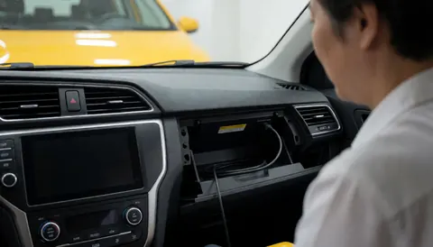 Un professionnel examine l'intérieur d'un taxi jaune avec le compartiment à gants ouvert et un câble USB visible, illustrant un service de transport moderne et fiable.