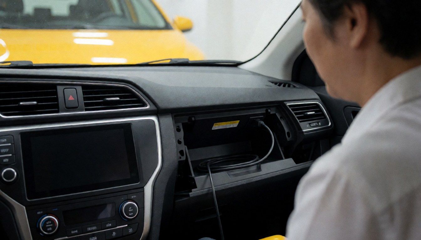 Un professionnel examine l'intérieur d'un taxi jaune avec le compartiment à gants ouvert et un câble USB visible, illustrant un service de transport moderne et fiable.