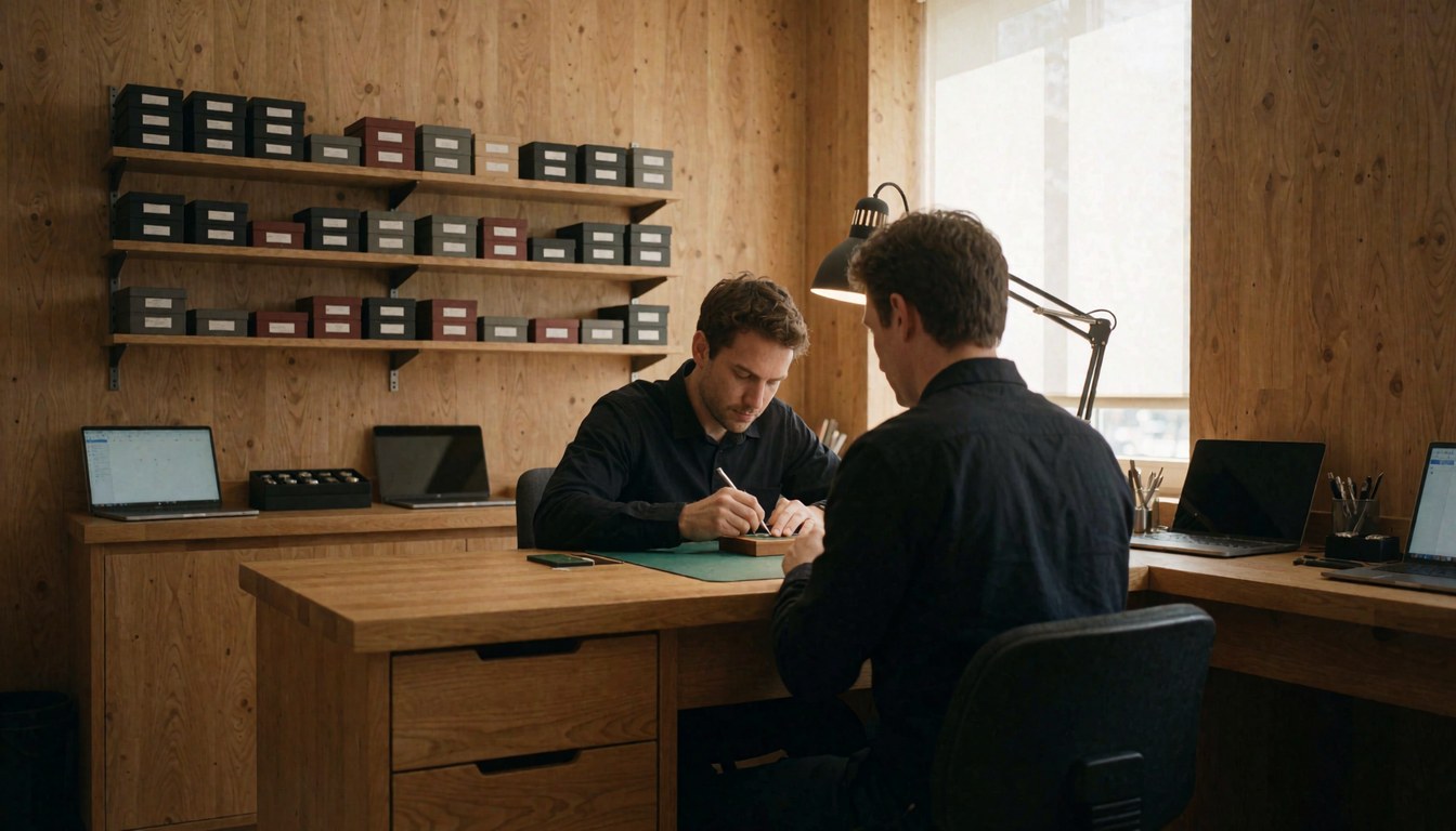Deux horlogers travaillent dans un atelier en bois avec des boîtes à montres sur une étagère et une lumière naturelle provenant d'une fenêtre.