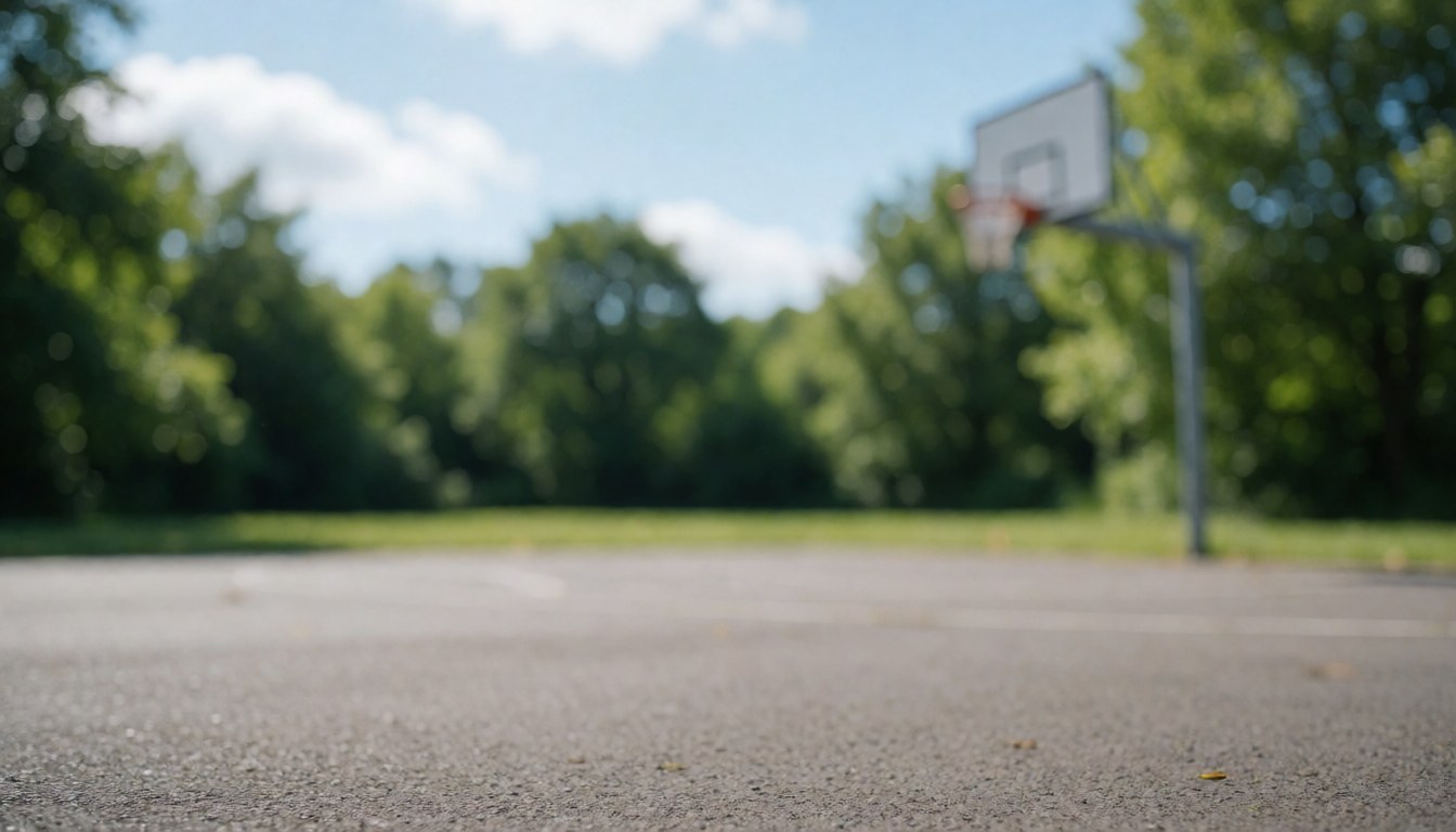 Fond de terrain de basketball extérieur avec panier, arbres verts et ciel bleu, idéal pour des textes sur l'entraînement sportif