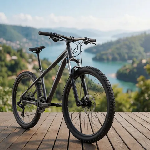 Vélo de montagne noir avec pneus à crampons et suspension, posé sur une terrasse en bois avec vue sur un lac et des montagnes verdoyantes.