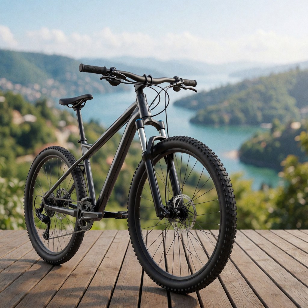 Vélo de montagne noir avec pneus à crampons et suspension, posé sur une terrasse en bois avec vue sur un lac et des montagnes verdoyantes.