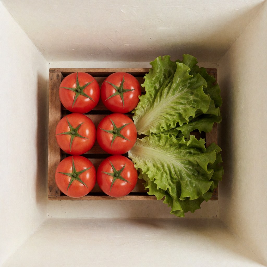 Vue de dessus d'une caisse en bois remplie de tomates rouges et de laitue verte fraîche, idéale pour un catalogue de produits alimentaires.