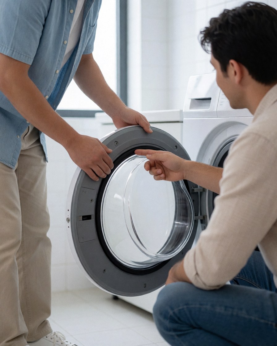 Une cliente examine le joint d'étanchéité d'une machine à laver pendant qu'un technicien lui explique les étapes de maintenance dans un environnement propre et moderne.