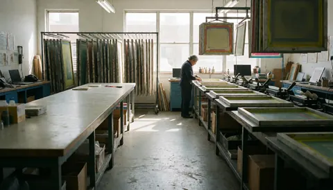 Vue d'une personne travaillant dans un atelier avec des machines d'estampage, des écrans de tissu suspendus et une lumière naturelle.