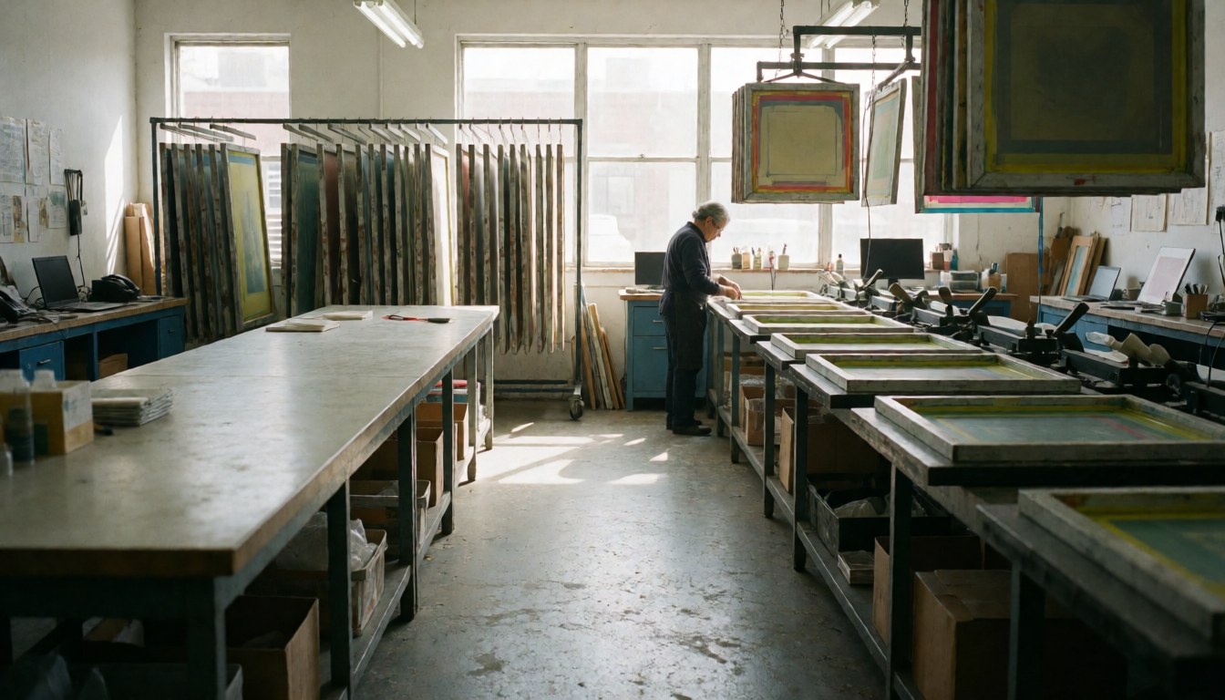 Vue d'une personne travaillant dans un atelier avec des machines d'estampage, des écrans de tissu suspendus et une lumière naturelle.