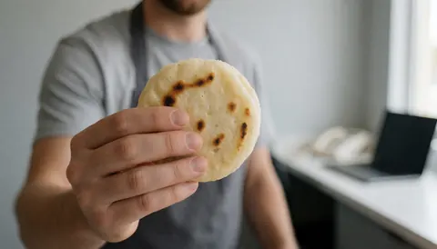 Une main tient une arepa chaude et fumante devant un fond de cuisine moderne avec lumière naturelle, idéal pour illustrer un restaurant ou un commerce alimentaire.