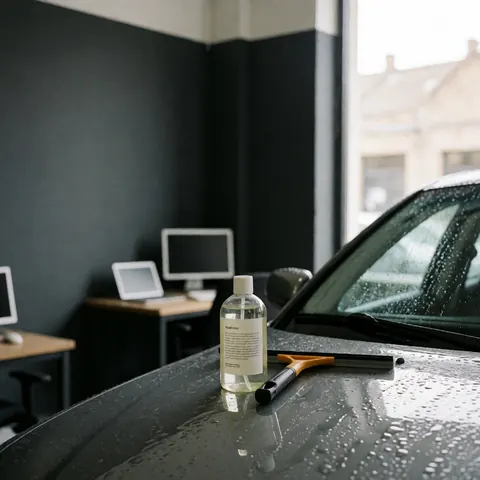 Bouteille de produit anti-pluie et raclette posées sur une capote de voiture mouillée dans un atelier aux murs gris avec lumière naturelle.