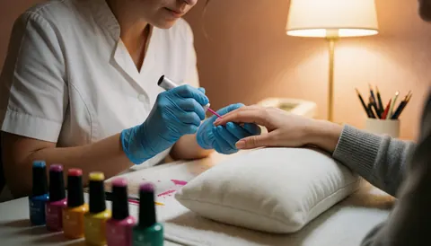 Manucarière portant des gants bleus applique du gel sur les ongles d'une cliente posés sur un coussin blanc, avec des bouteilles de poudre à ongles et un éclairage chaud dans un salon de beauté.