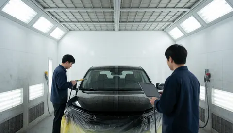 Deux professionnels peignent une voiture noire dans une cabine climatisée, l'un avec un outil et l'autre avec une tablette.