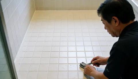 Un homme effectuant une réparation du joint de carrelage sur le sol et les murs d'une salle de bain blanche, avec un espace réservé pour le texte.
