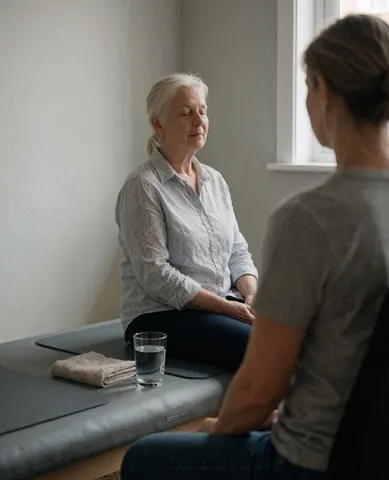 Une cliente pratique le yoga sur son tapis pendant qu'une instructrice l'accompagne, avec une tasse d'eau et une serviette à proximité dans un studio lumineux aux murs gris clair.