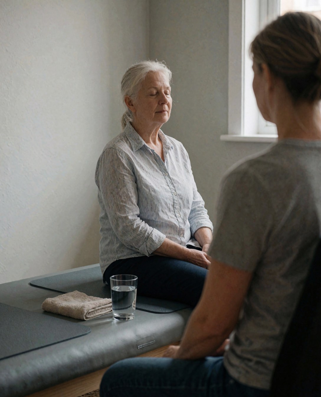 Une cliente pratique le yoga sur son tapis pendant qu'une instructrice l'accompagne, avec une tasse d'eau et une serviette à proximité dans un studio lumineux aux murs gris clair.