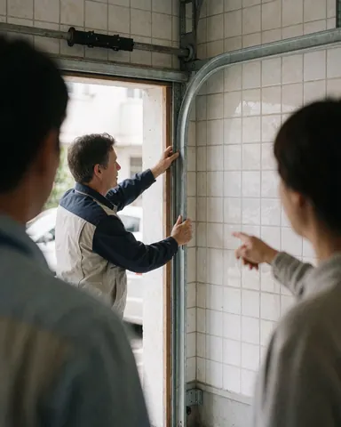Technicien installant une porte de garage dans une maison aux murs carrelés de blanc, le client observe et indique le travail en cours.