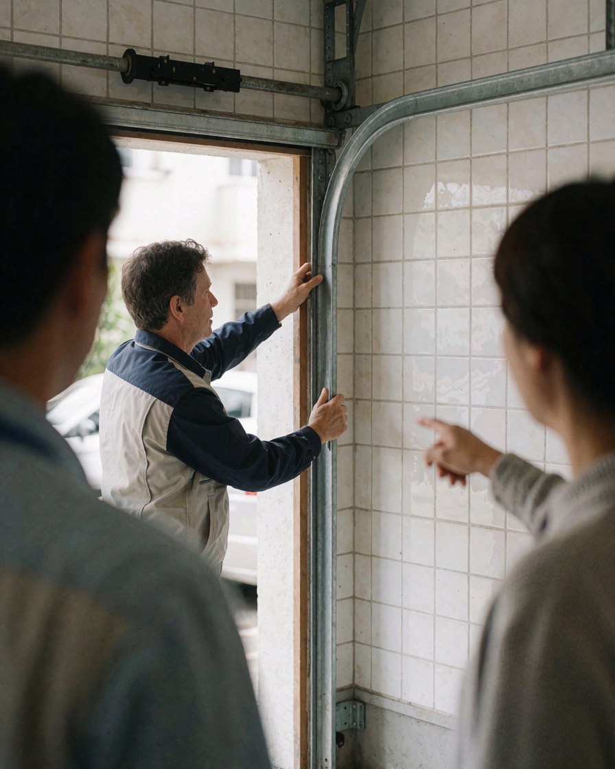 Technicien installant une porte de garage dans une maison aux murs carrelés de blanc, le client observe et indique le travail en cours.