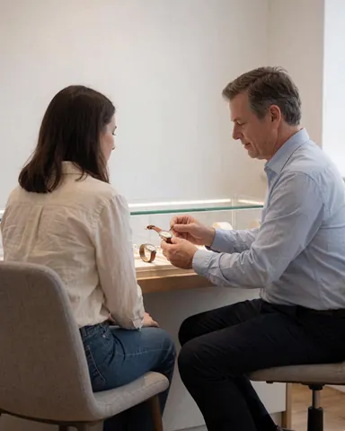 Un horloger professionnel montre à une cliente assise une montre équipée d'un nouveau bracelet en cuir dans son atelier.