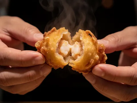 Des mains cassent une coquille frite chaude, révélant l'intérieur des fruits de mer cuits avec de la vapeur s'échappant, idéal pour un restaurant de fruits de mer.