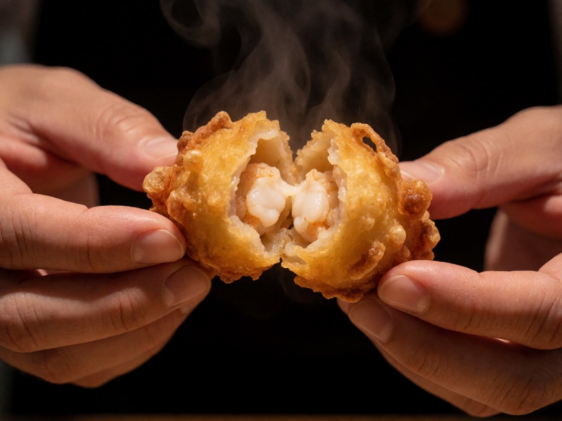 Des mains cassent une coquille frite chaude, révélant l'intérieur des fruits de mer cuits avec de la vapeur s'échappant, idéal pour un restaurant de fruits de mer.