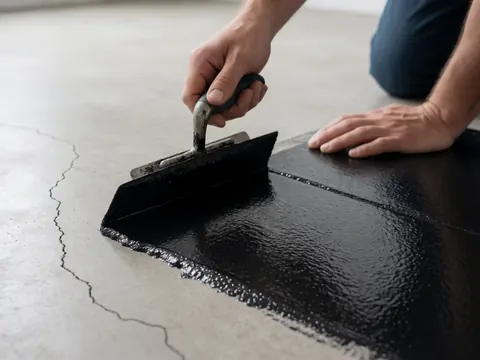 Main utilisant une truelle pour appliquer un scellant noir sur une fissure dans un sol en béton, lors d'un service de réparation de toiture.