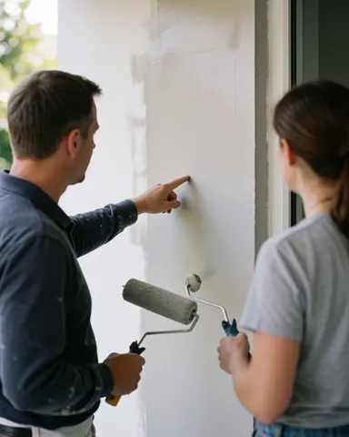 Un peintre professionnel et son client vérifient ensemble la qualité de la peinture fraîche sur un mur extérieur, éclairé par la lumière naturelle du jour.