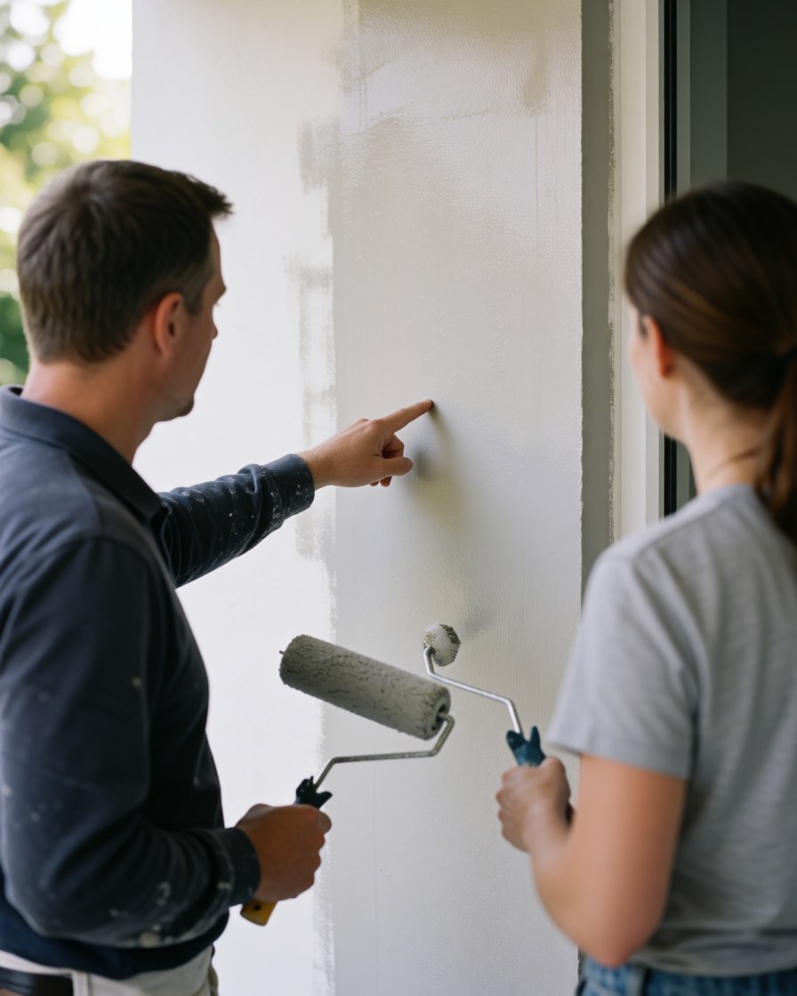 Un peintre professionnel et son client vérifient ensemble la qualité de la peinture fraîche sur un mur extérieur, éclairé par la lumière naturelle du jour.