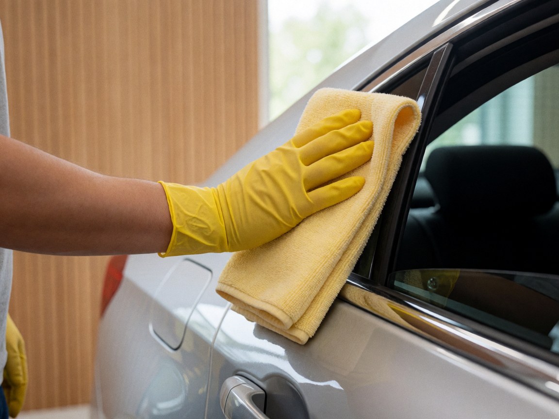 Une main portant un gant jaune essuie une portière chromée avec une serviette en microfibre sur fond de mur en bois clair, illustrant un service de lavage automobile en action.