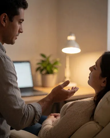 Thérapeute réalisant un geste apaisant face à une cliente installée dans un fauteuil, dans un bureau chaleureux éclairé par une lampe.