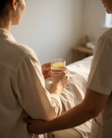 Cliente assise sur une table de massage tenant un verre d'eau avec du citron, dans un environnement blanc et relaxant.