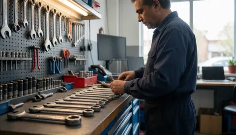 Un mécanicien arrange des clés sur une table dans un atelier équipé d'un tableau d'outils et d'éclairage professionnel pour l'entretien automobile.
