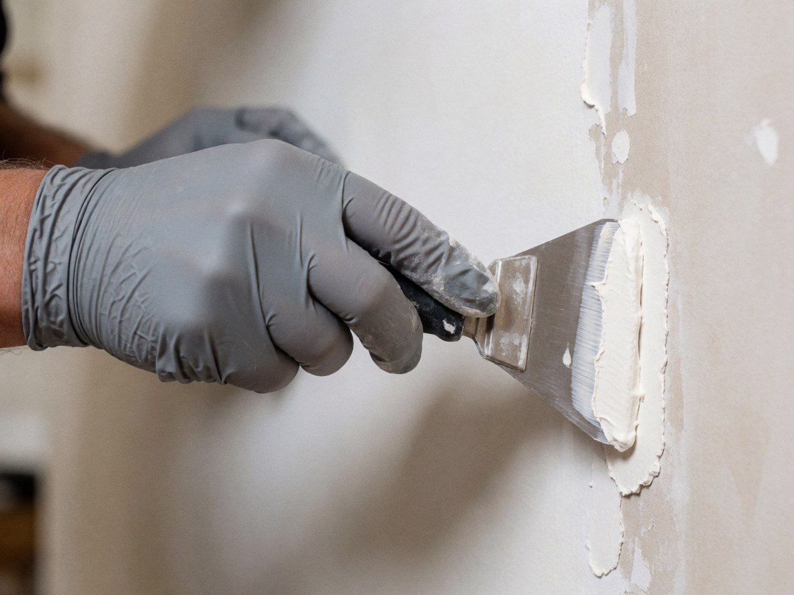 Gant en nitrile appliquant un revêtement blanc avec une spatule flexible sur un mur, détail du travail de plâtrerie et de finition.