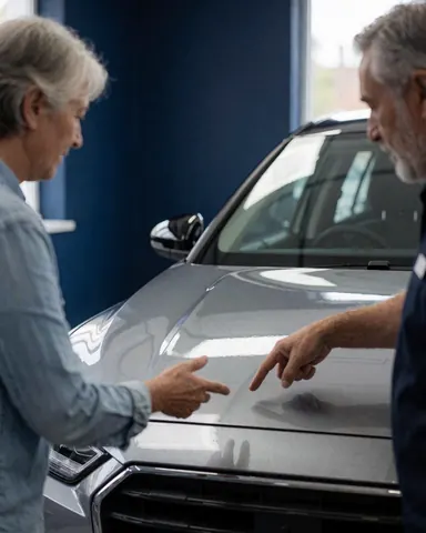 Un technicien et un client examinent la finition d'un film vinyle appliqué sur le capot d'une voiture dans un atelier aux murs bleu marine.